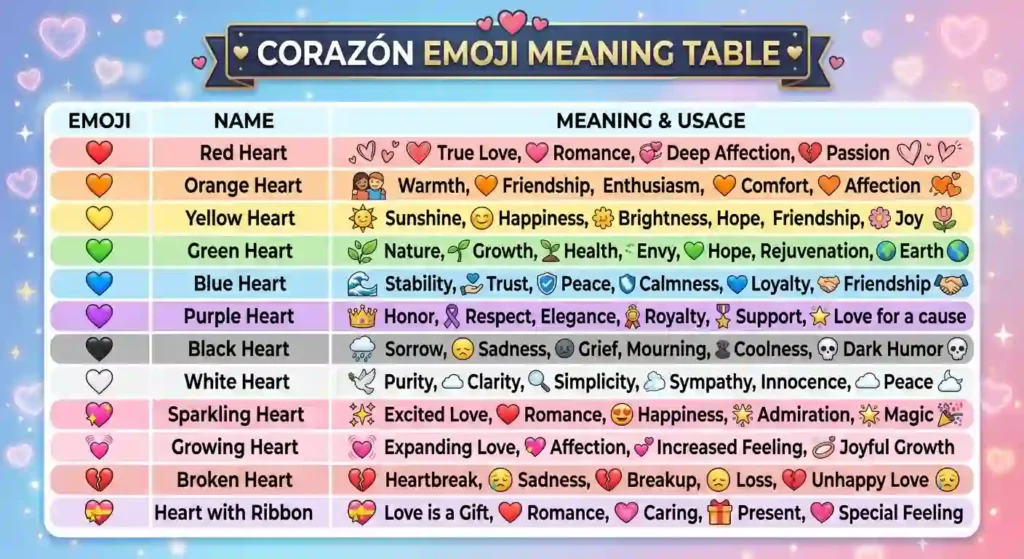 Corazón Emoji Meaning Table
